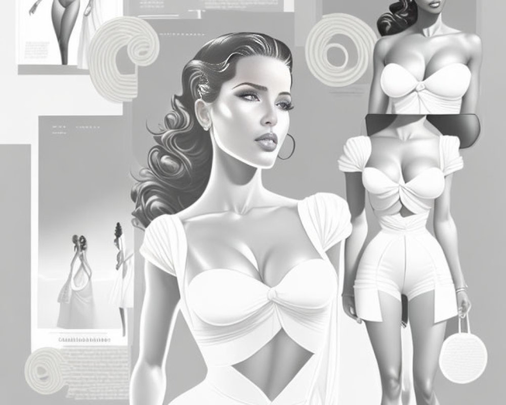 Grayscale fashion illustrations of stylized female model in various poses.
