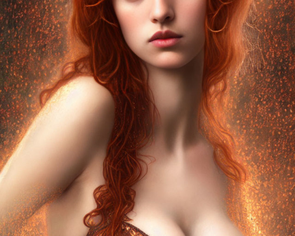 Red-haired woman in copper bra, fair skin, intricate patterns