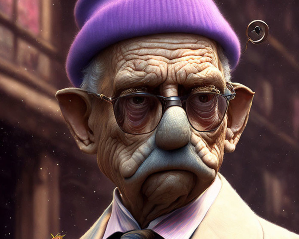 Elderly Man in Purple Hat, Glasses, Monocle, Beige Suit, Striped