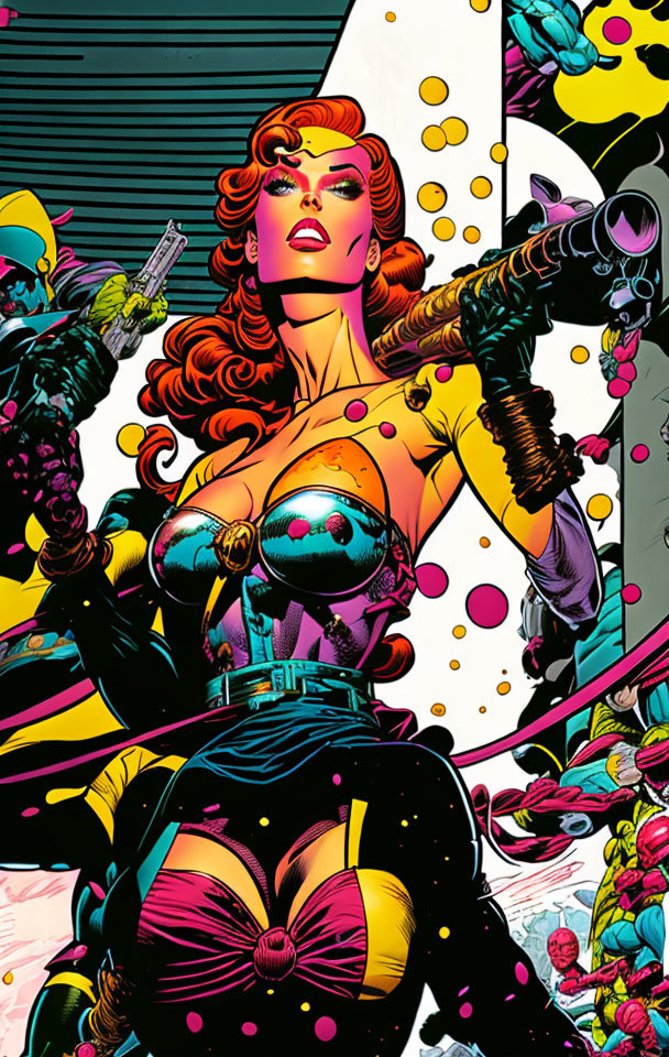 Comic book illustration: Red-haired female superhero in yellow and black costume with guns.