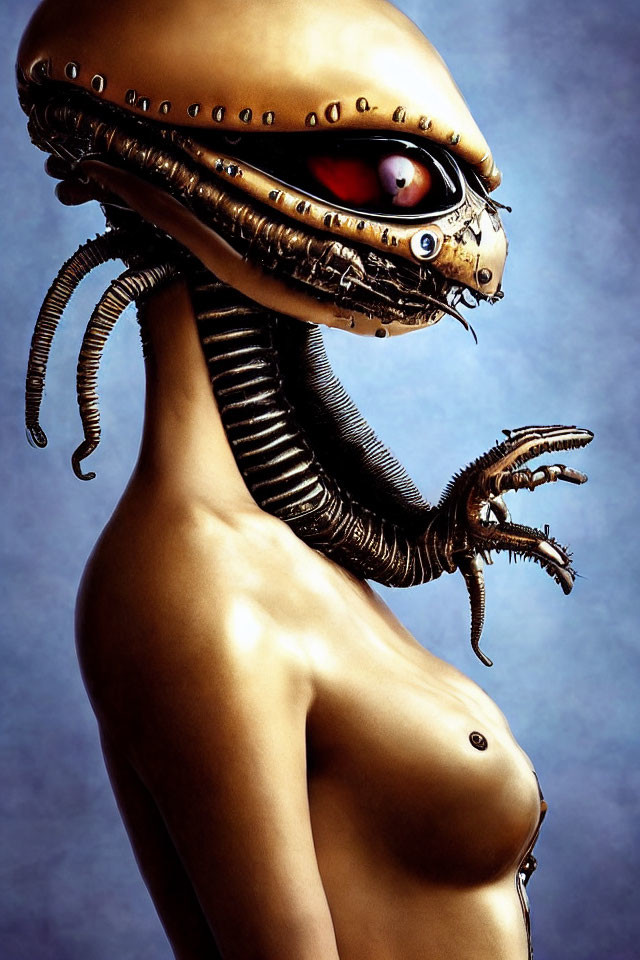 Elongated head humanoid figure with large eye and mechanical features