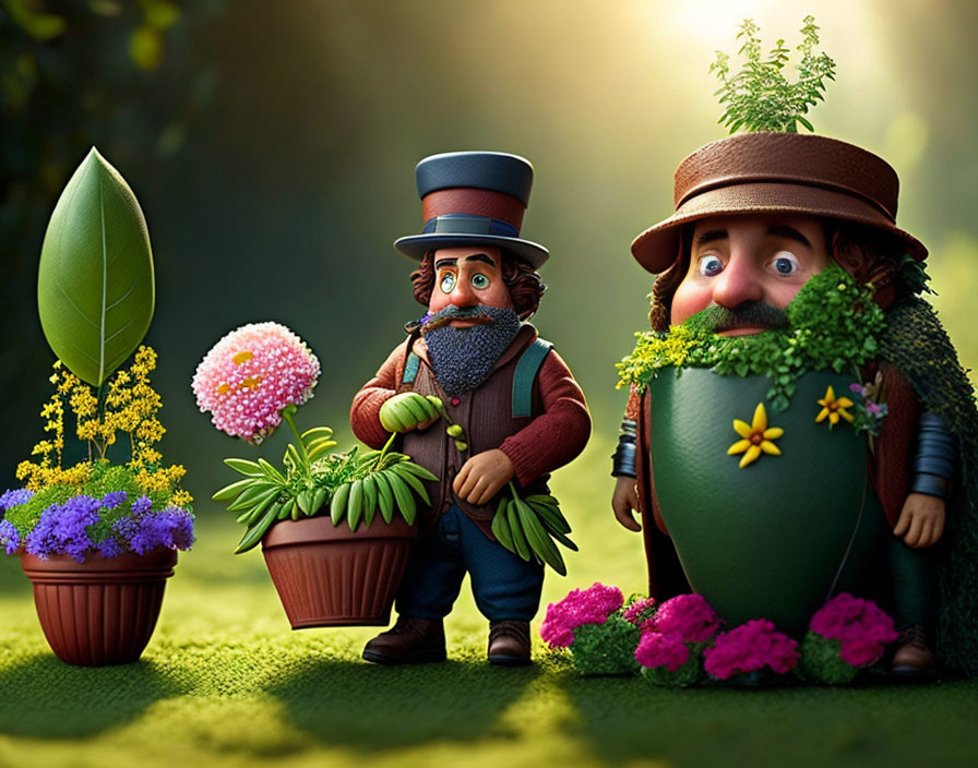 Whimsical plant and flower characters in vibrant flora scene