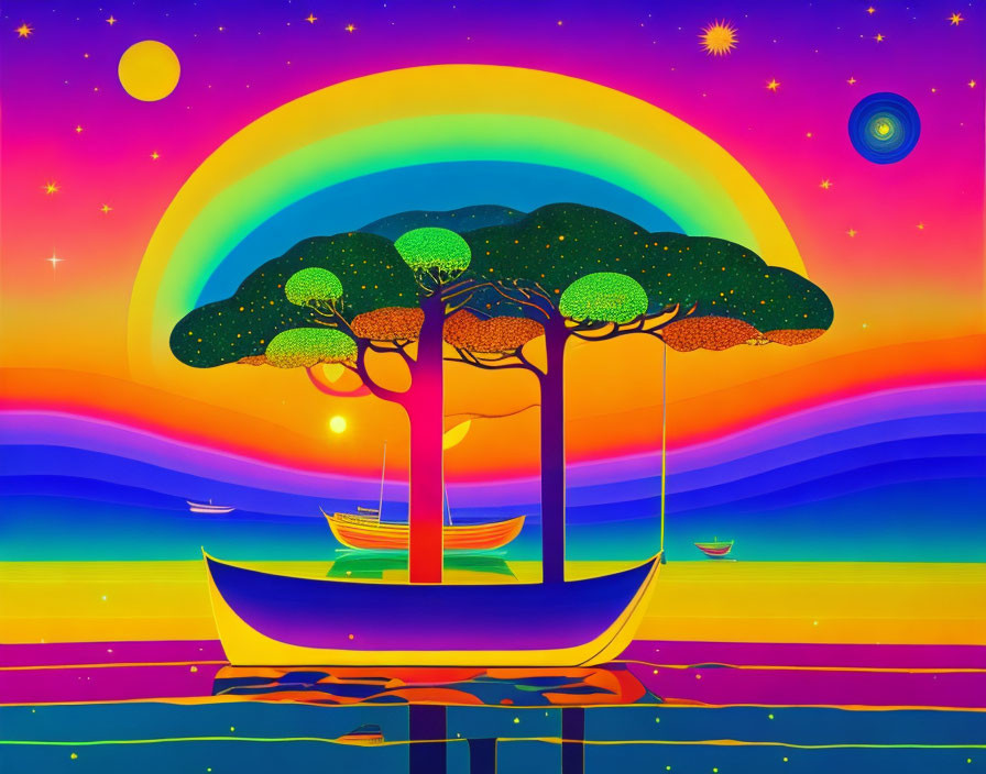 Colorful Psychedelic Landscape with Boat and Stylized Trees