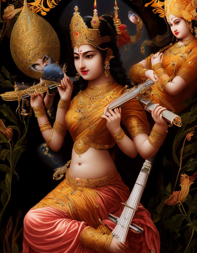 Intricate artwork of woman with multiple arms playing instrument surrounded by peacock and celestial figures