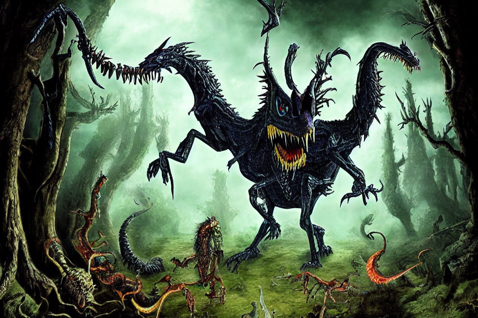 Sinister multi-limbed creature with sharp fangs in eerie forest with creepy smaller creatures