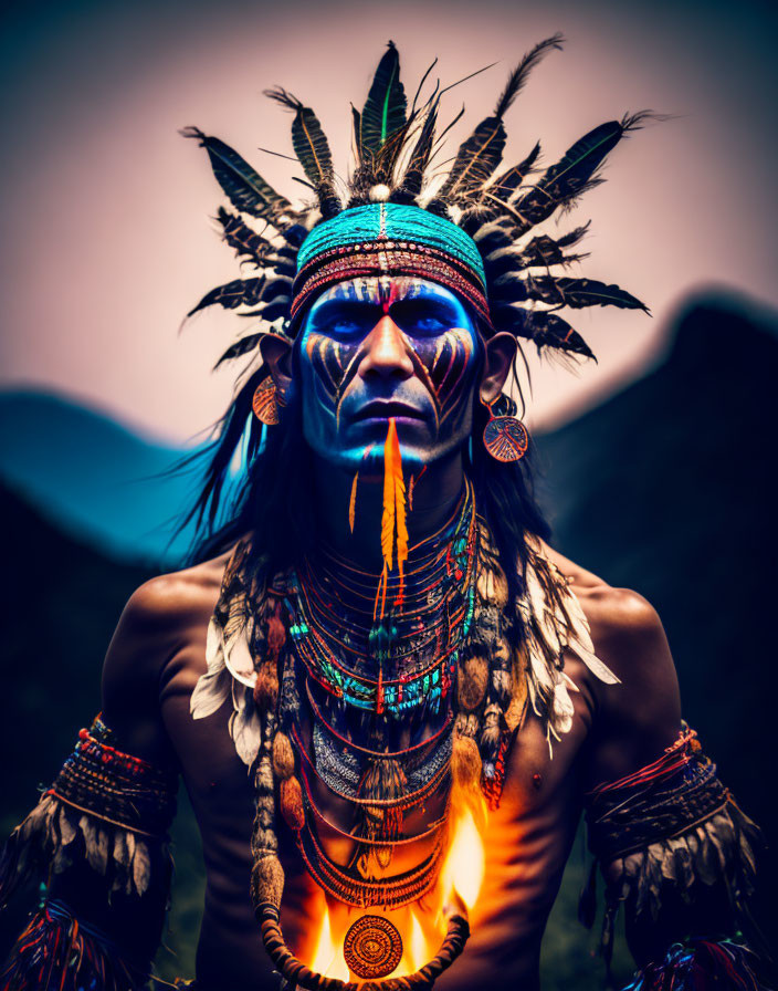 Elaborate Native American-inspired attire with headdress, face paint, and body paint against mountain backdrop
