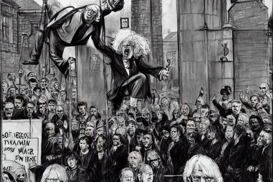 Monochrome illustration of chaotic protest with central figure holding key.