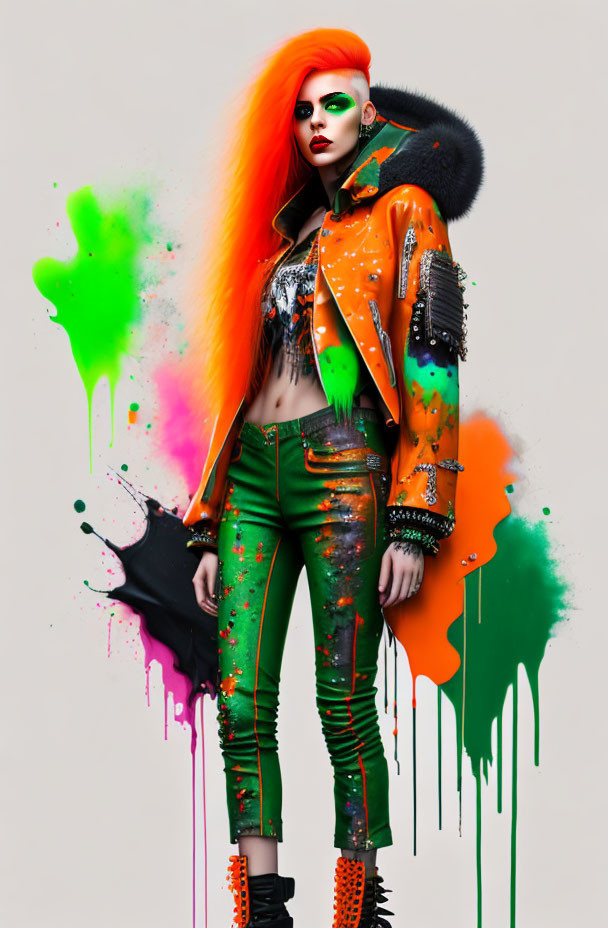 Fashion model with red hair, green lipstick, in orange embellished outfit