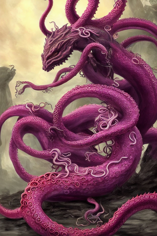 Purple dragon with swirling tentacles in misty backdrop