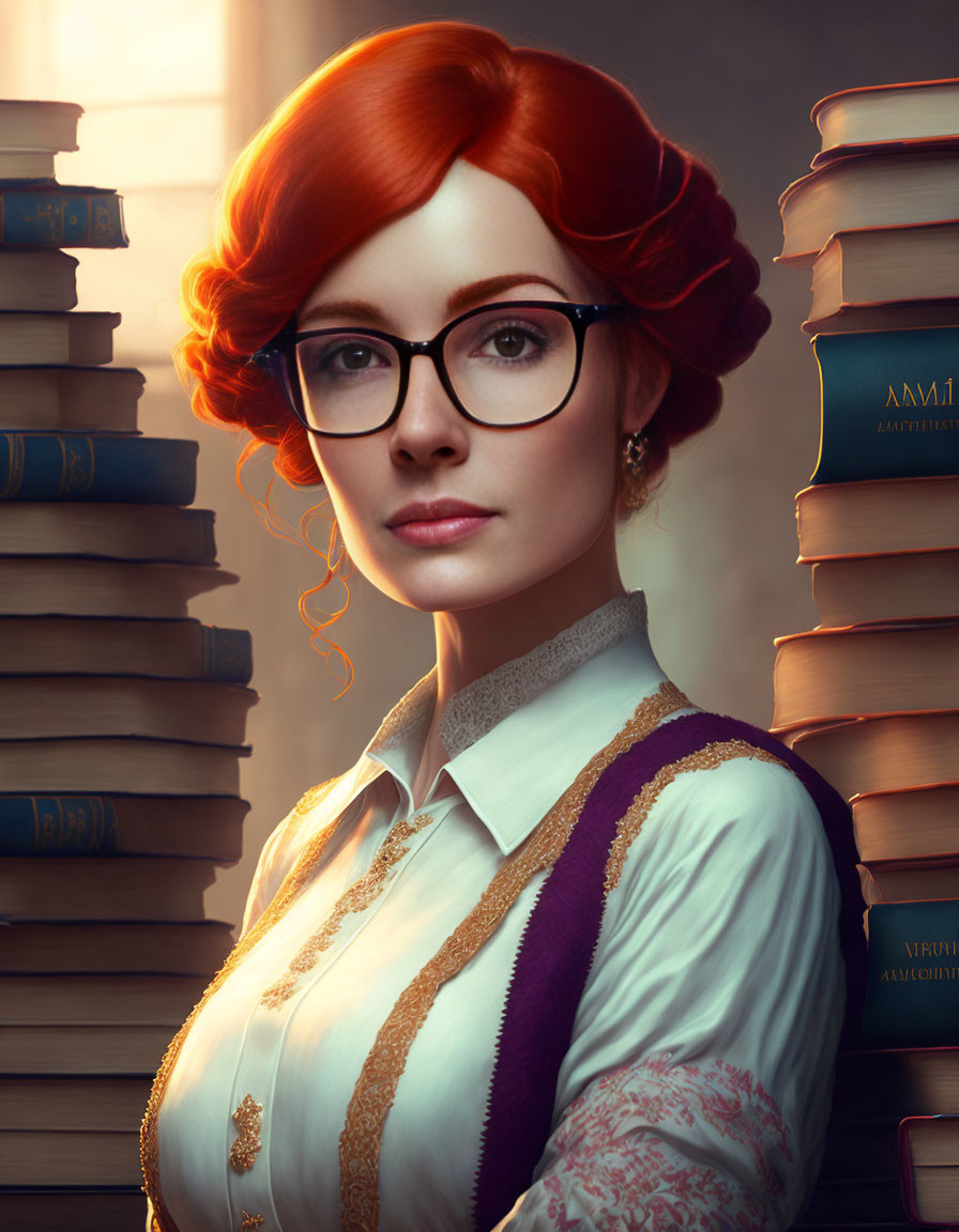 Stylized portrait of a woman with red hair updo and vintage glasses surrounded by books