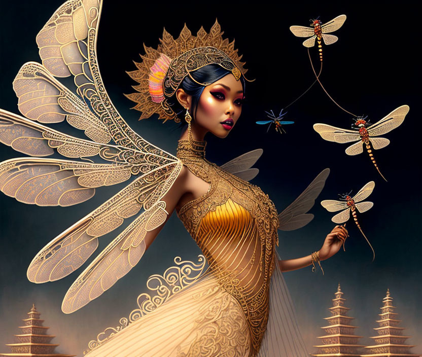 Fantasy figure with golden wings in twilight scene