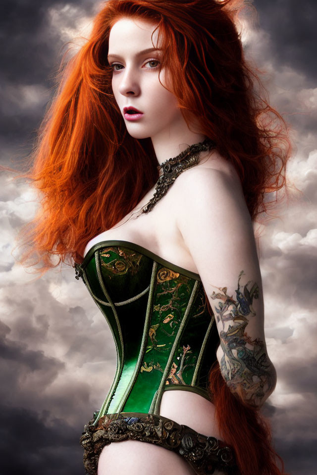 Red-haired woman with tattoos in green corset under cloudy sky.