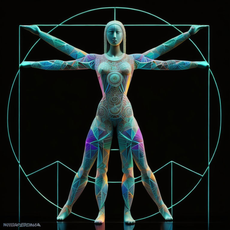 Neon-patterned humanoid figure in geometric shapes