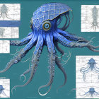 Blue octopus with biomechanical elements and schematics on board