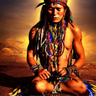Native American person in regalia with feather headdress and jewelry, making a gesture.