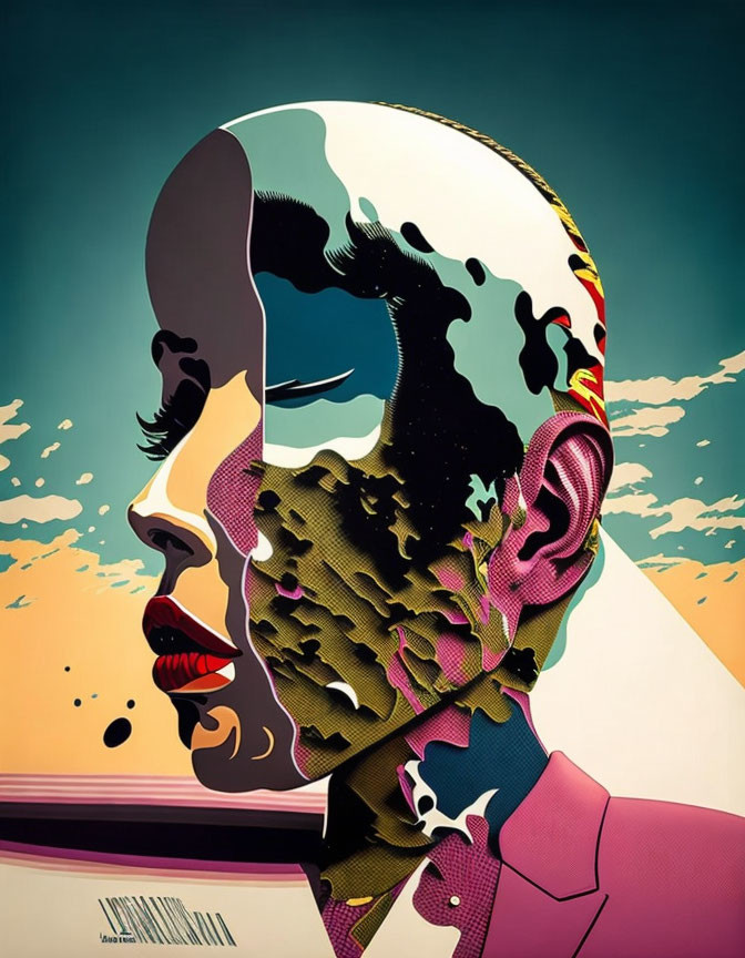 Vibrant surreal profile illustration with fragmented face and abstract patterns