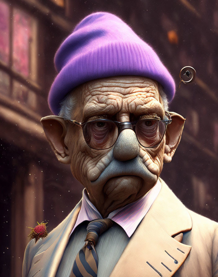 Elderly Man in Purple Hat, Glasses, Monocle, Beige Suit, Striped