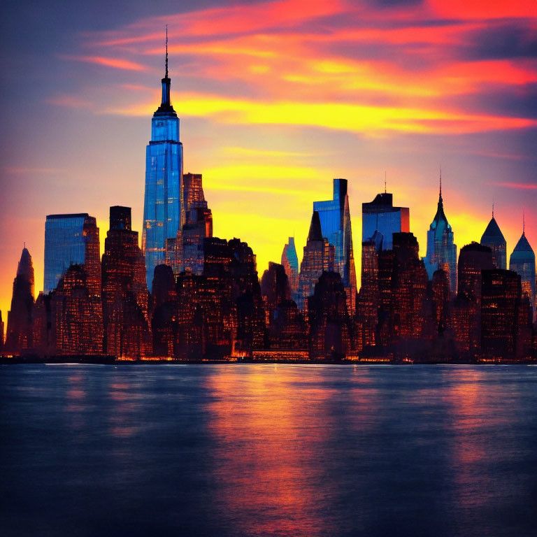 Colorful sunset over New York City skyline and water reflections