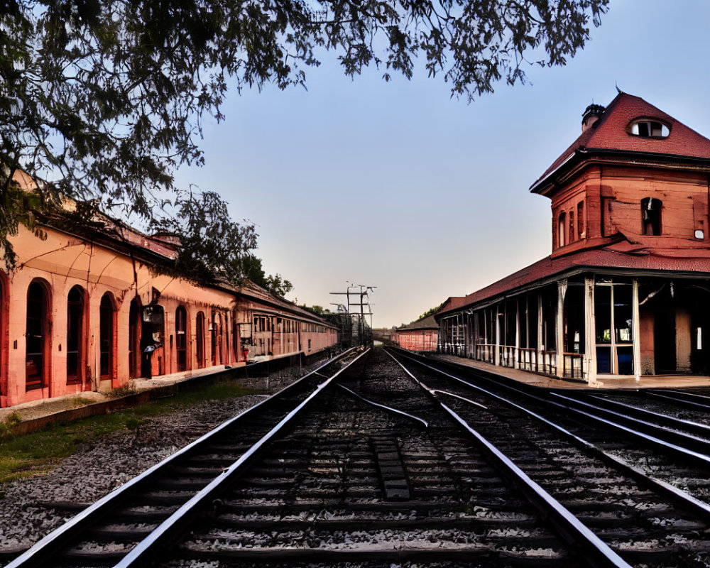 Twilight view of historic train station with red-roofed tower
