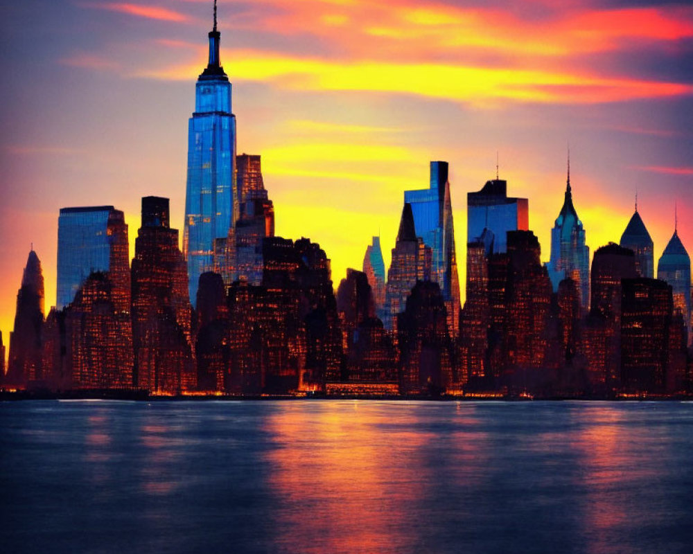 Colorful sunset over New York City skyline and water reflections