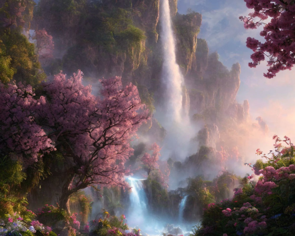 Majestic waterfall in serene fantasy landscape with cherry blossom trees