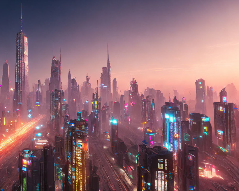 Futuristic cityscape at dusk with neon-lit skyscrapers