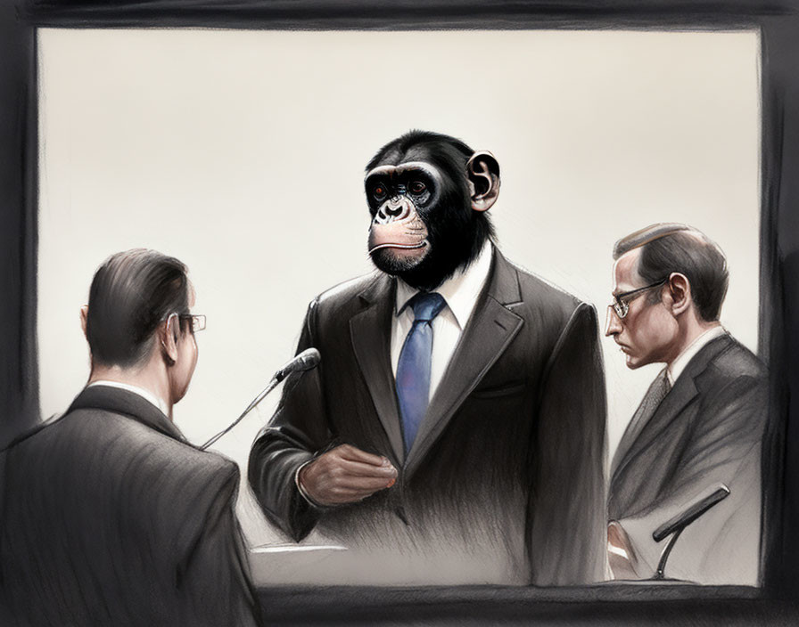 Business chimp lawyer addressing the court.