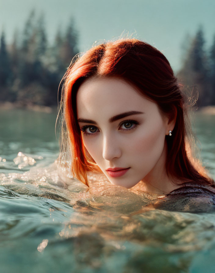 Red-haired woman submerged in water with forest background