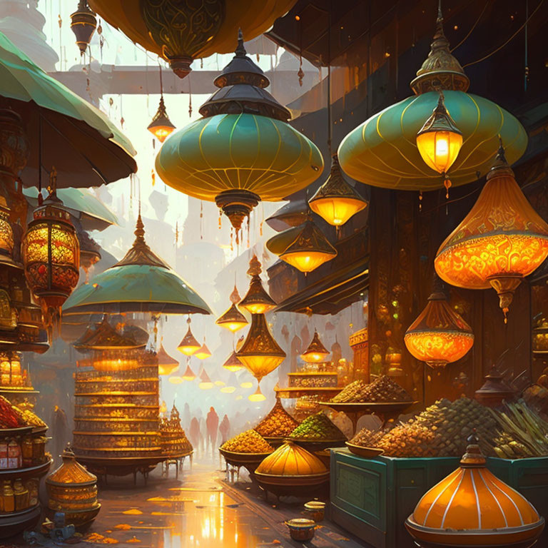 Vibrant hanging lanterns and overflowing spice mounds in an enchanting bazaar