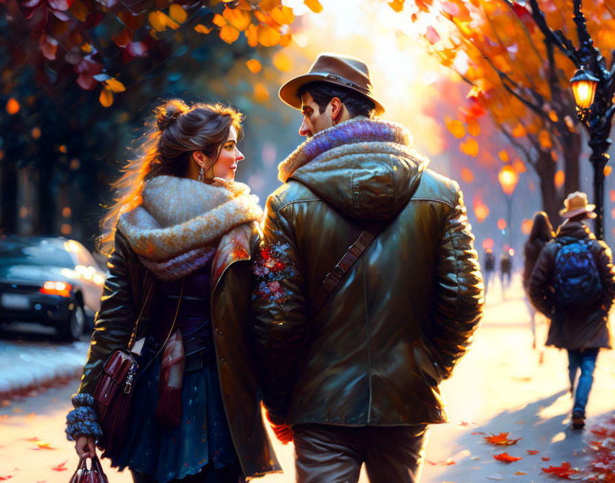 Couple walking down the street in the fall