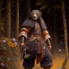 Bear in medieval armor standing in woodland scenery
