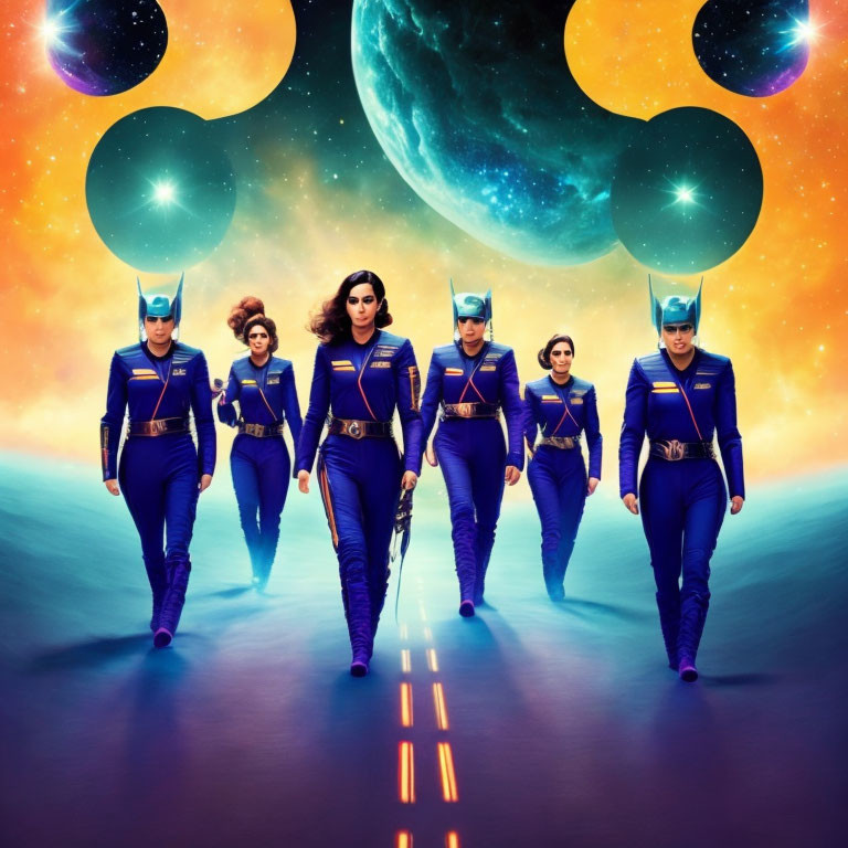 Five Superheroes in Blue Uniforms Walking on Glowing Path with Cosmic Background