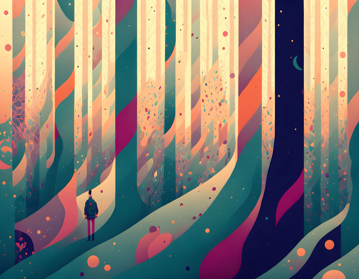 Colorful Forest Scene with Stylized Figure and Whimsical Elements
