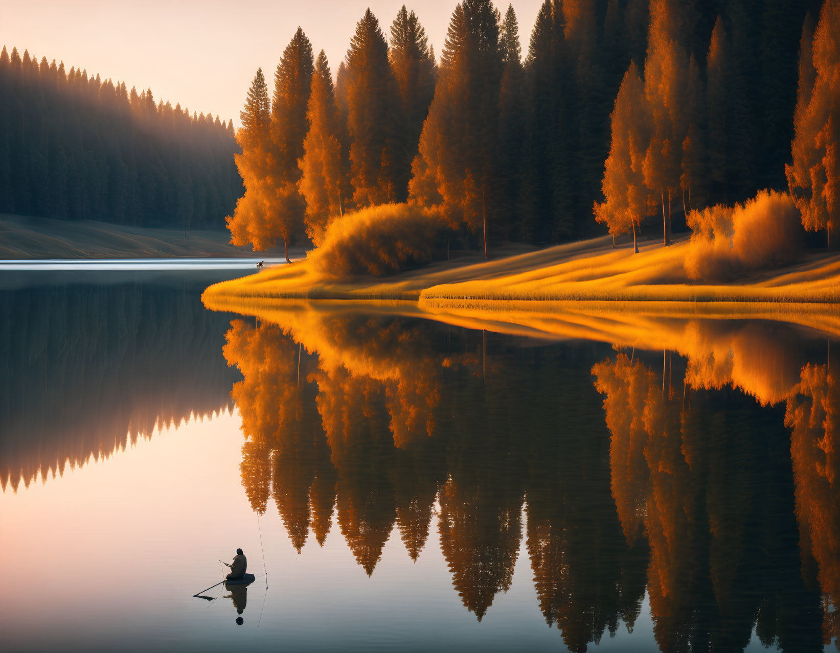 Tranquil autumn lake with lone fisherman and golden foliage