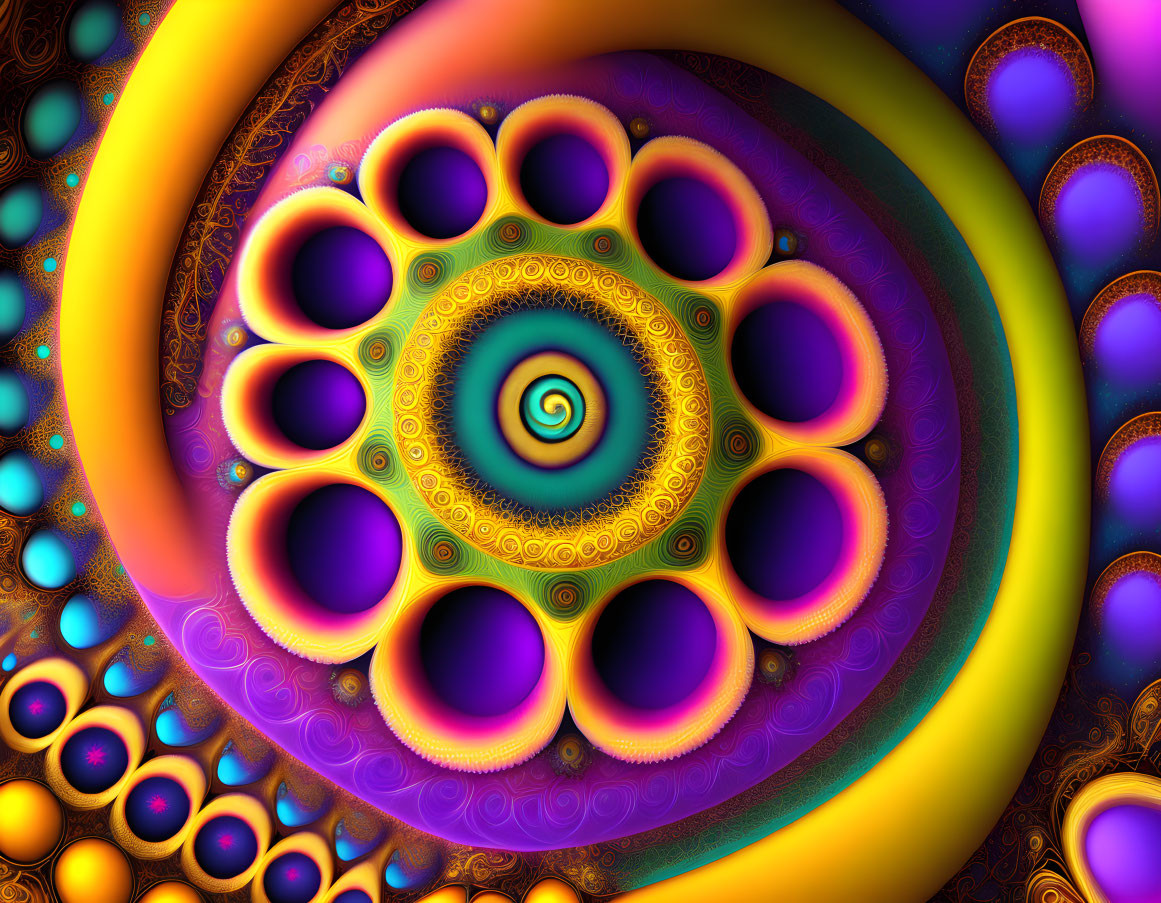 Colorful Swirling Fractal Pattern in Purple, Orange, and Blue Hues