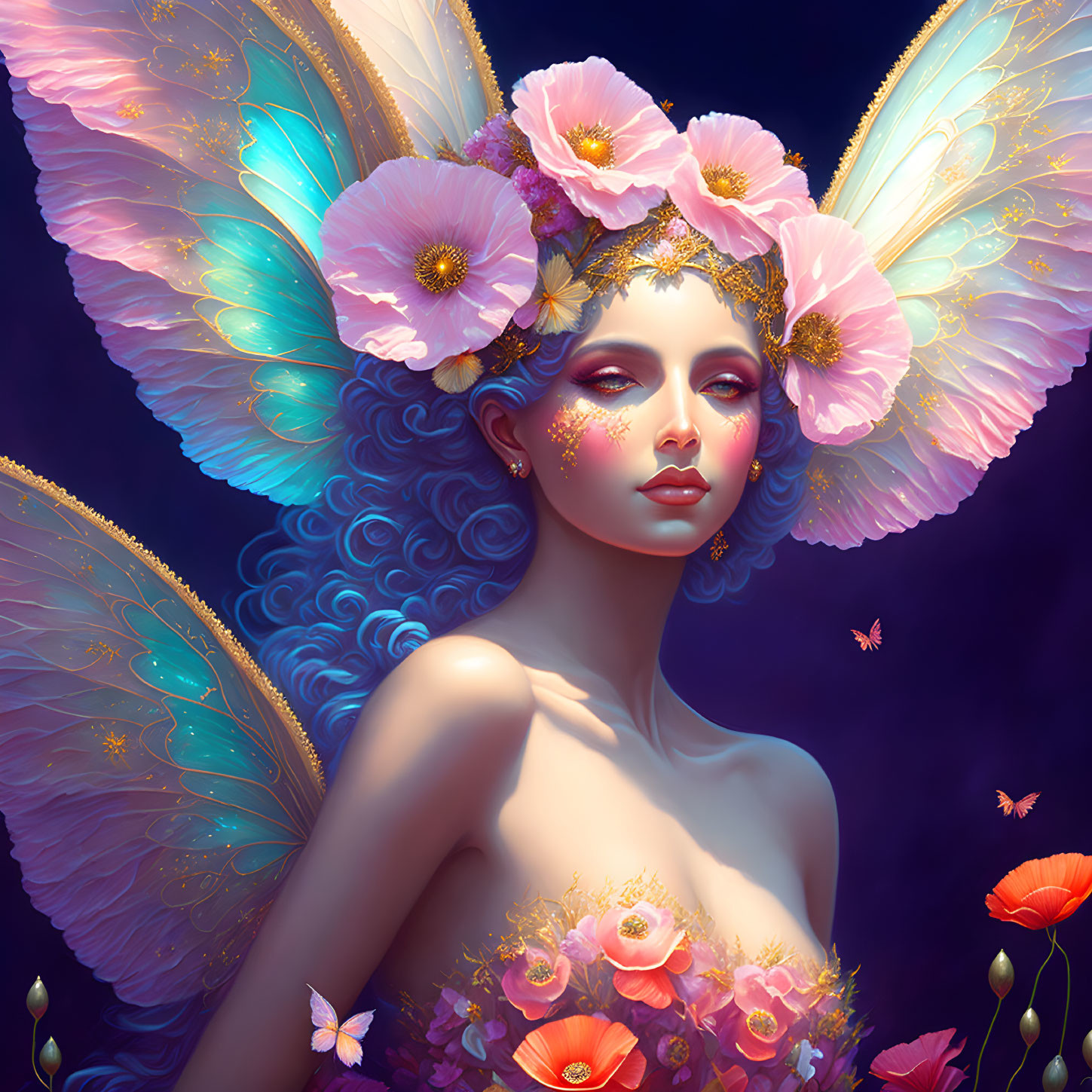 Fantastical portrait of a woman with iridescent butterfly wings and pink flower crown in dreamy