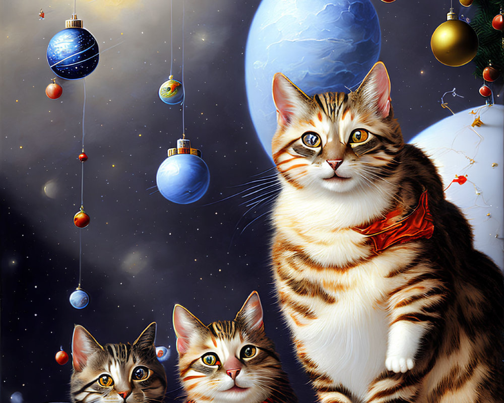 Three Cats in Festive Scarves Among Christmas Ornaments and Trees