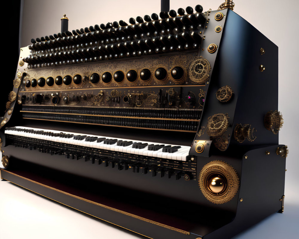 Steampunk-themed ornate piano with mechanical gears and brass accents