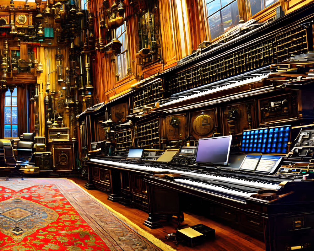 Elegantly decorated room with grand piano and pipe organ console.