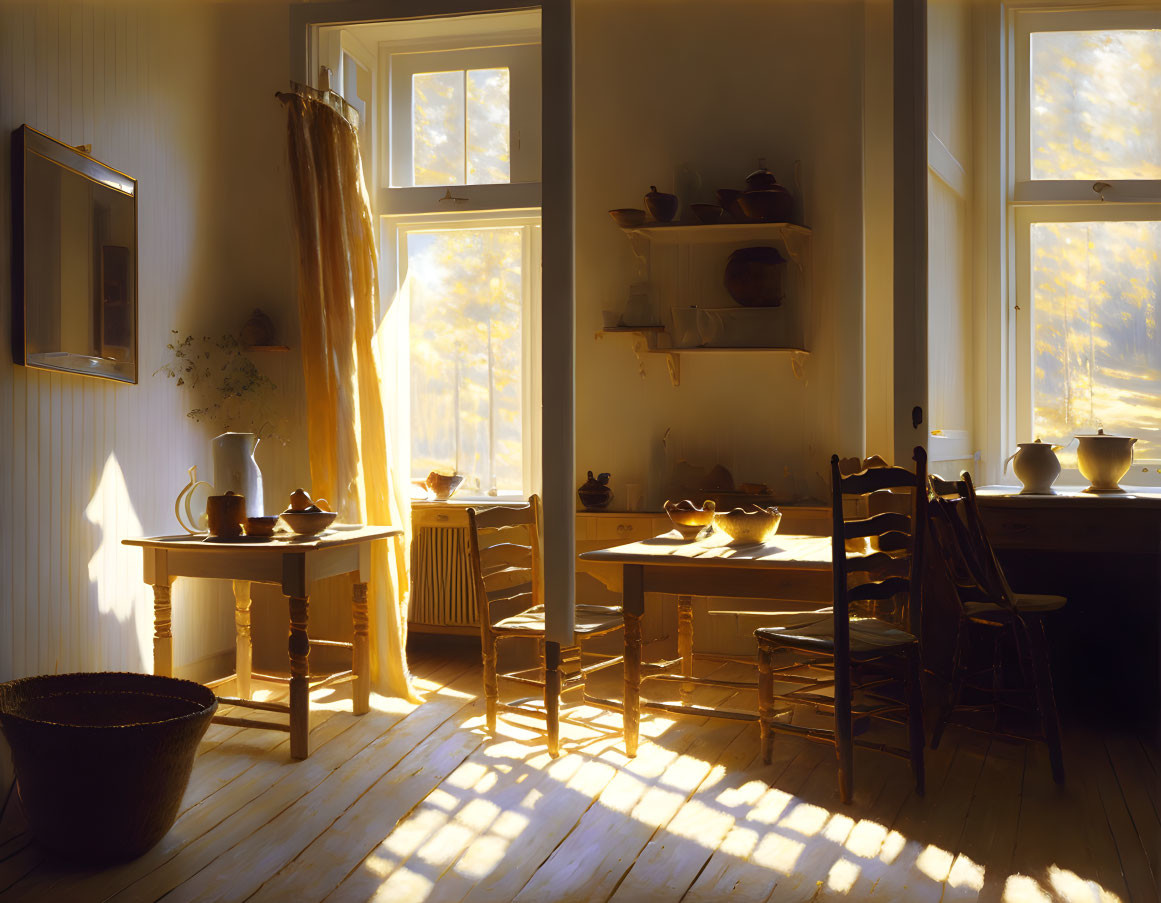 Rustic interior with wooden table, pottery, wicker basket, and autumnal view.