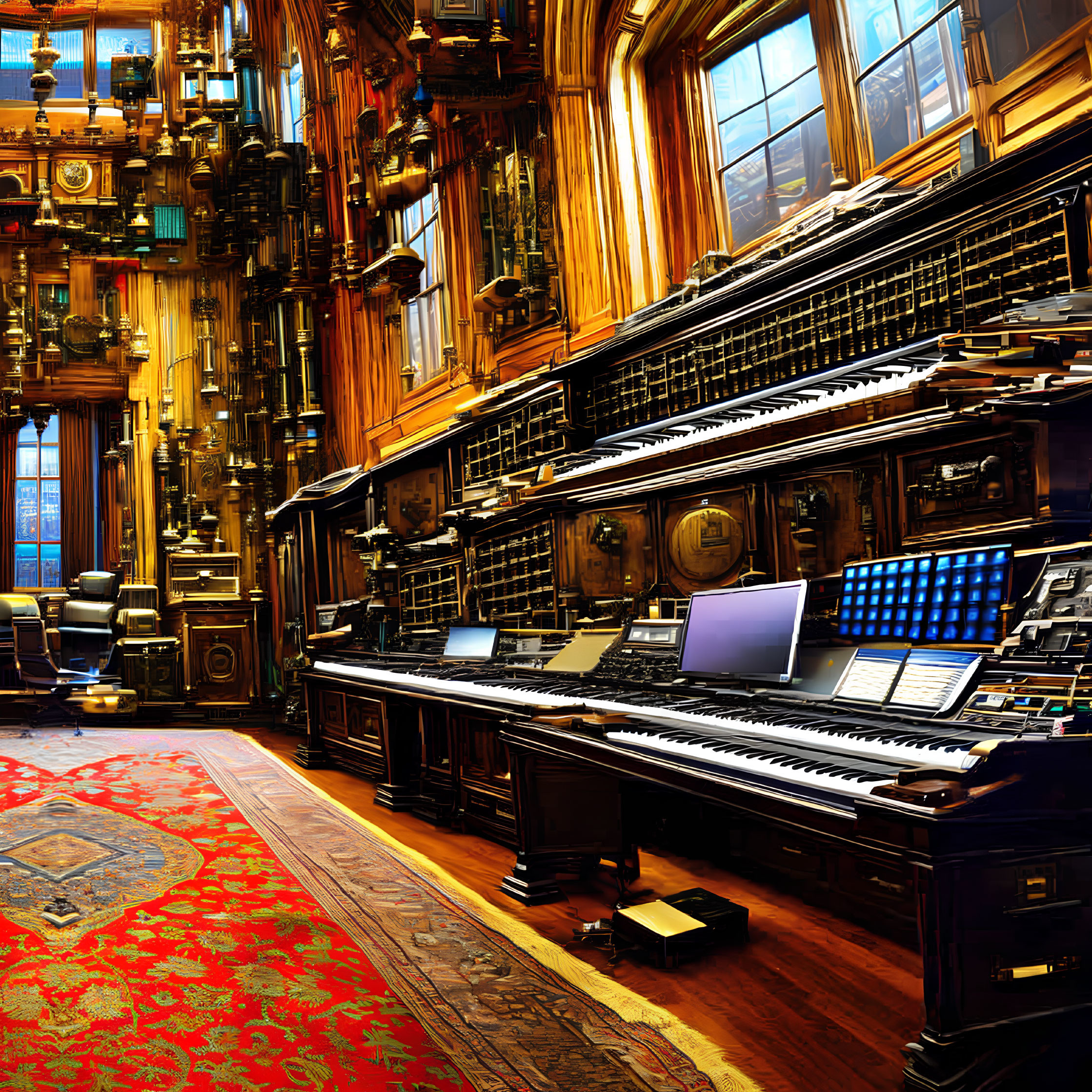 Elegantly decorated room with grand piano and pipe organ console.