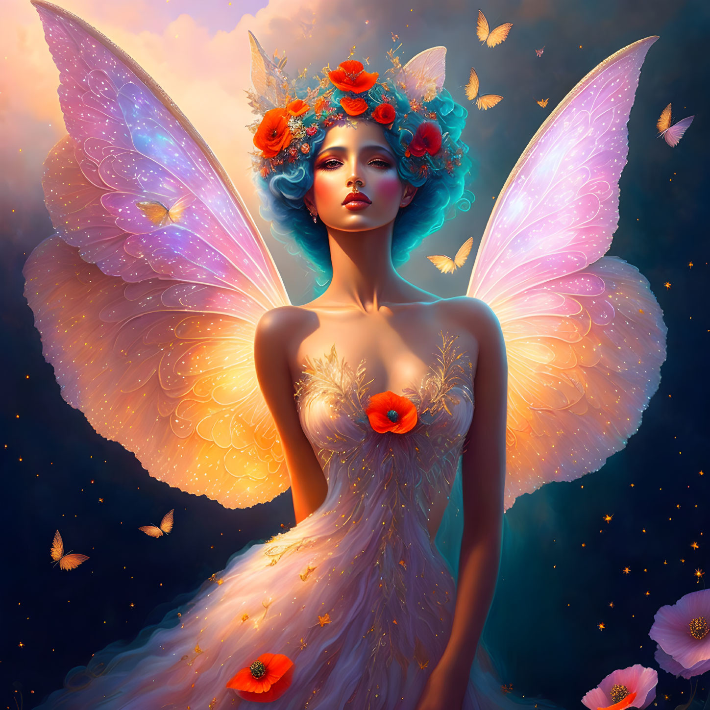 Mystical woman with butterfly wings and floral gown among serene butterflies
