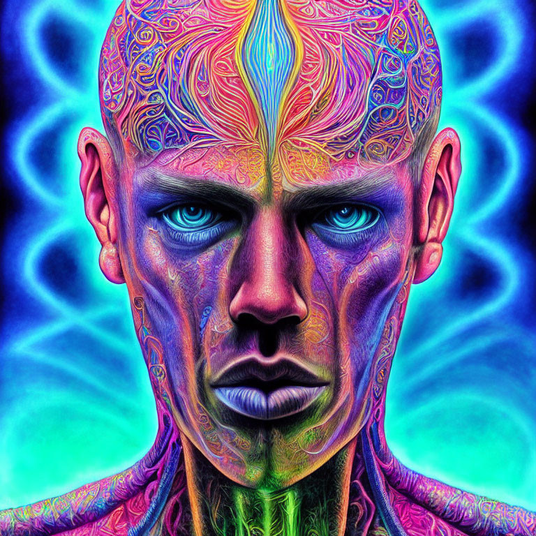 Colorful Psychedelic Portrait with Neon Patterns on Face and Background