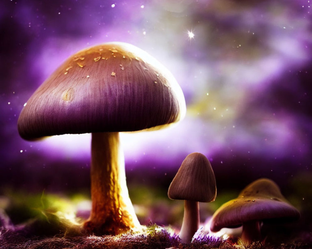 Fantasy art: Oversized purple and gold mushrooms in starry backdrop