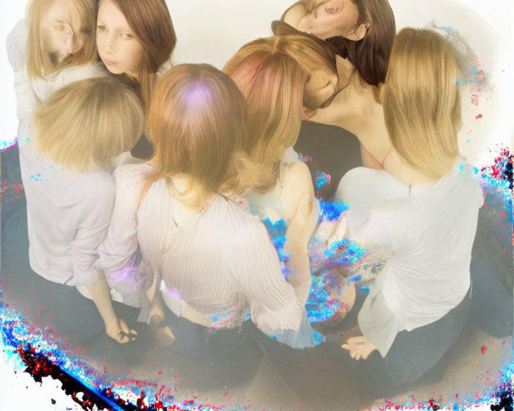 Group of People in Multi-Exposure Effect with Blue and Red Digital Paint