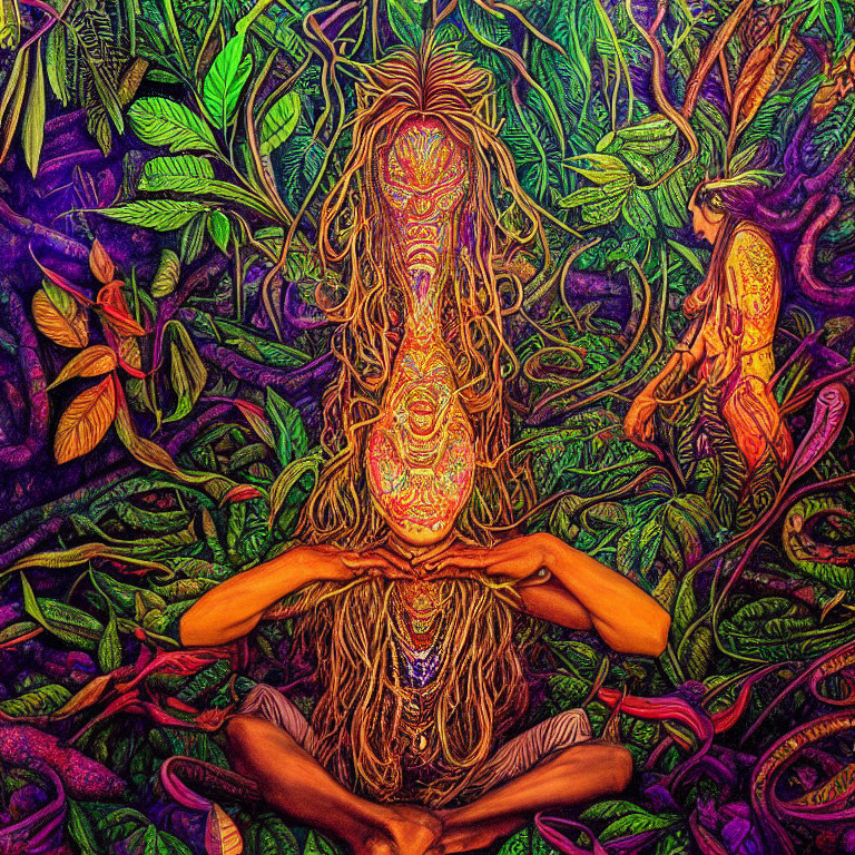 Colorful Psychedelic Artwork: Person in Lotus Pose with Intricate Patterns, Monkey, and