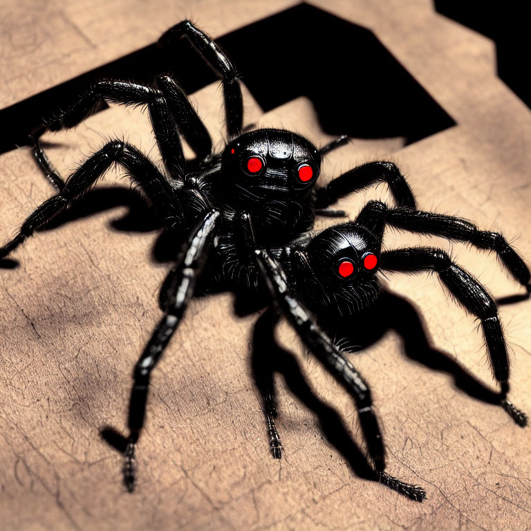 Black Spider with Red Eyes on Cracked Brown Surface