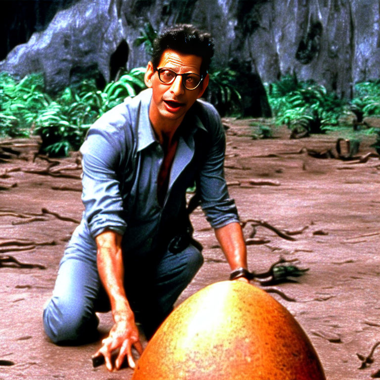 Man with glasses crouching by large golden egg in forest setting