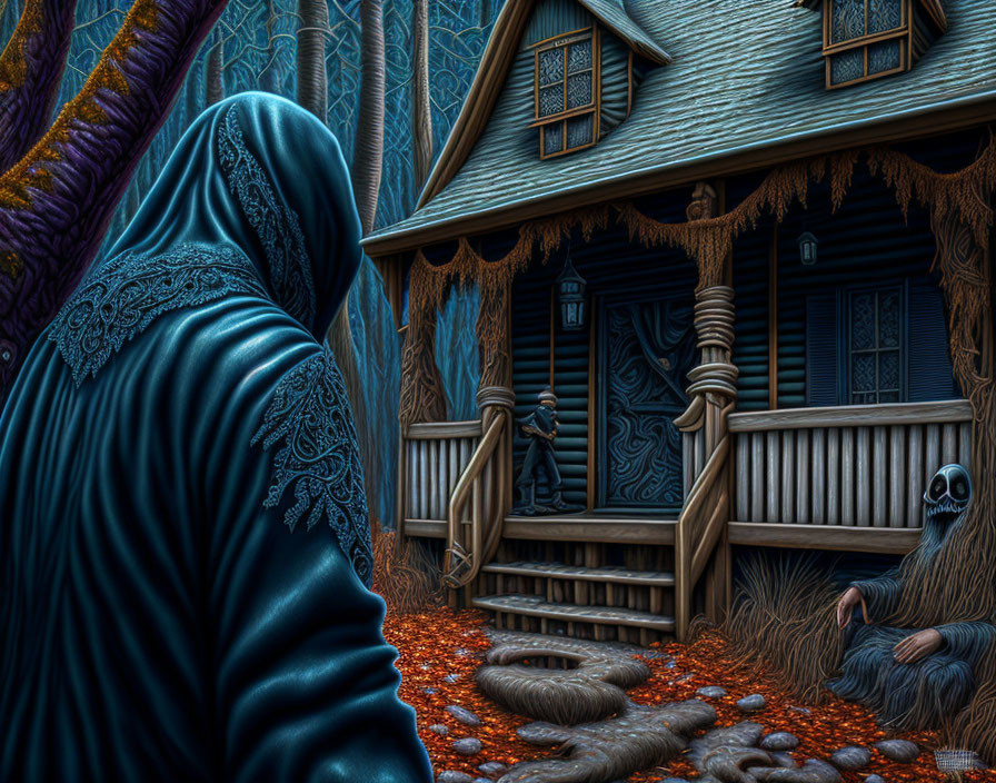Hooded figure near spooky house with skeletal figure and blue trees