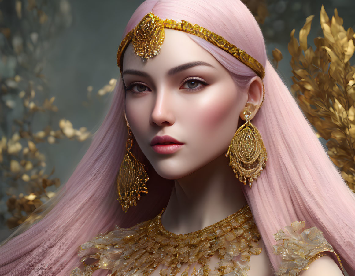 Digital portrait of woman with pink hair and gold jewelry against golden leaf backdrop